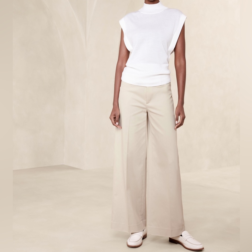 Banana Republic Cream Stretch-Cotton Icon Wide-Leg Trousers